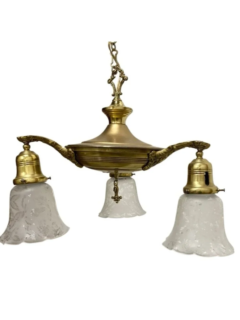 Antique 1930s Pan Light Art Nouveau Brass 3 Arm Chandelier Light Fixture